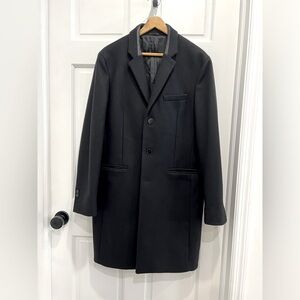 NWT Kooples Mens Black Wool coat leather trim collar size 48